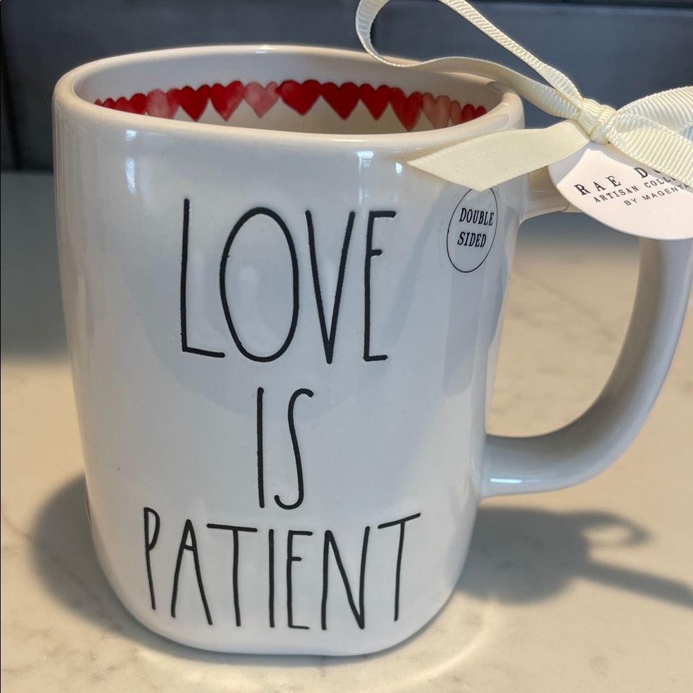 Rae Dunn White Mug with Love Is Patient Love Is Kind Text Heart Interior